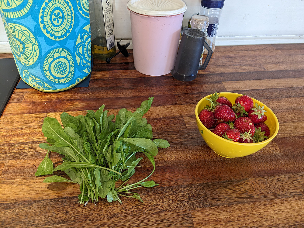 Kjekt å kunne komme hjem og høste inn modne og søte jordbær og ruccola fra egen kjøkkenhage:-)