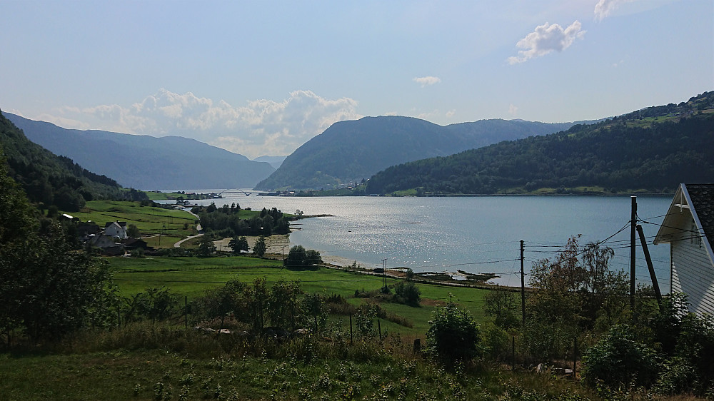 Towards the center of Sogndal from Einehaugen at the start of the hike. Stedjeåsen at the center.