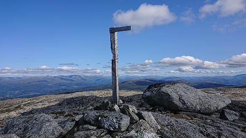 What is left of the trig marker at Gråsidetoppen. Hardangerjøkulen in the background.