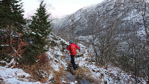 Carefully avoiding the ice on the last part of the descent