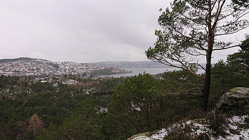 SW from Hestaberget utsiktspunkt. Left:  Fagerdalsfjellet. Background: Storevarden.