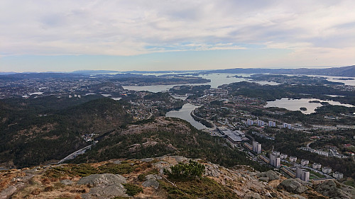 South from the summit looking down at Skarpafjellet and Svartaberget (left)