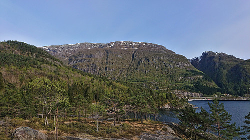 Looking up at Flatafjellet from the lighthouse