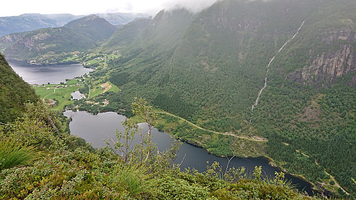 Andvika and Storevatnet from Kalnesnuten with Skjeggedalsfjellet in the background left