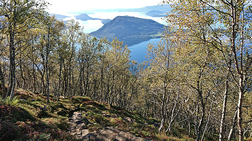 Descending along the stone steps below Hjort with Snilstveitøy in the background