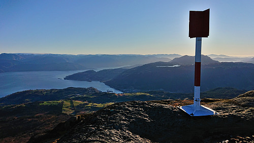 Norheimsund from Torefjell with Vesoldo behind the trig marker and Folgefonna to the left