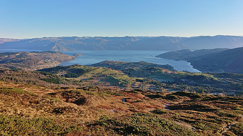 Øystese (left) and Norheimsund (right) from the descent. Folgefonna in the background.
