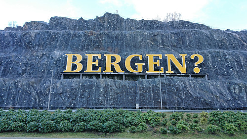 The infamous "BERGEN?" sign on the west face of Lilandshaugen