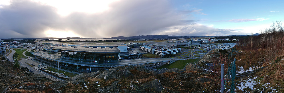 Bergen airport Flesland from Lilandshaugen with Liatårnet/Pyttane at the center and Lyderhorn to the far right