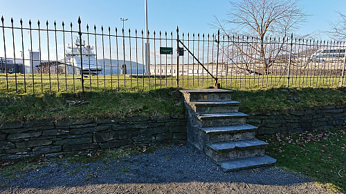 The locked gate in front of the trig marker at Bergenhus festning
