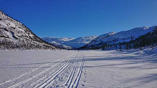 Skiing across Steinavatnet back to the parking lot