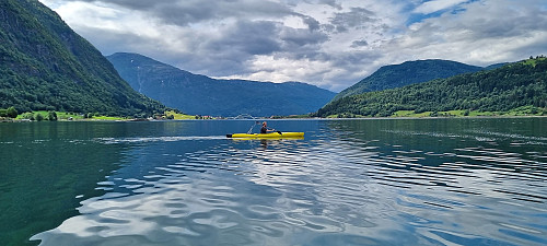 Kayaking in Barsnesfjorden with Loftesnesbrui in the background