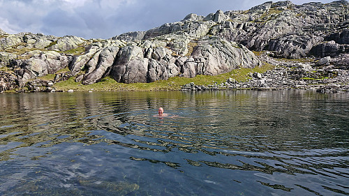 Endre going for a swim in the small unnamed lake northeast of Sørdalsfjellet