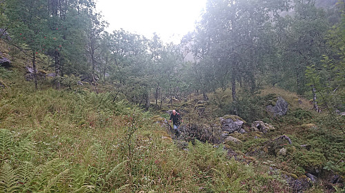 Petter navigating slippery rocks in Tjuvhelleren