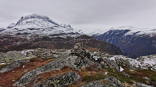 The summit cairn at Kristinuten with Vassfjøro in the background