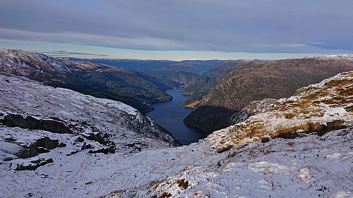 Bolstadfjorden and Straume from east of the summit