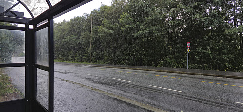 Waiting five minutes inside the bus stop for the rain to stop before starting the hike