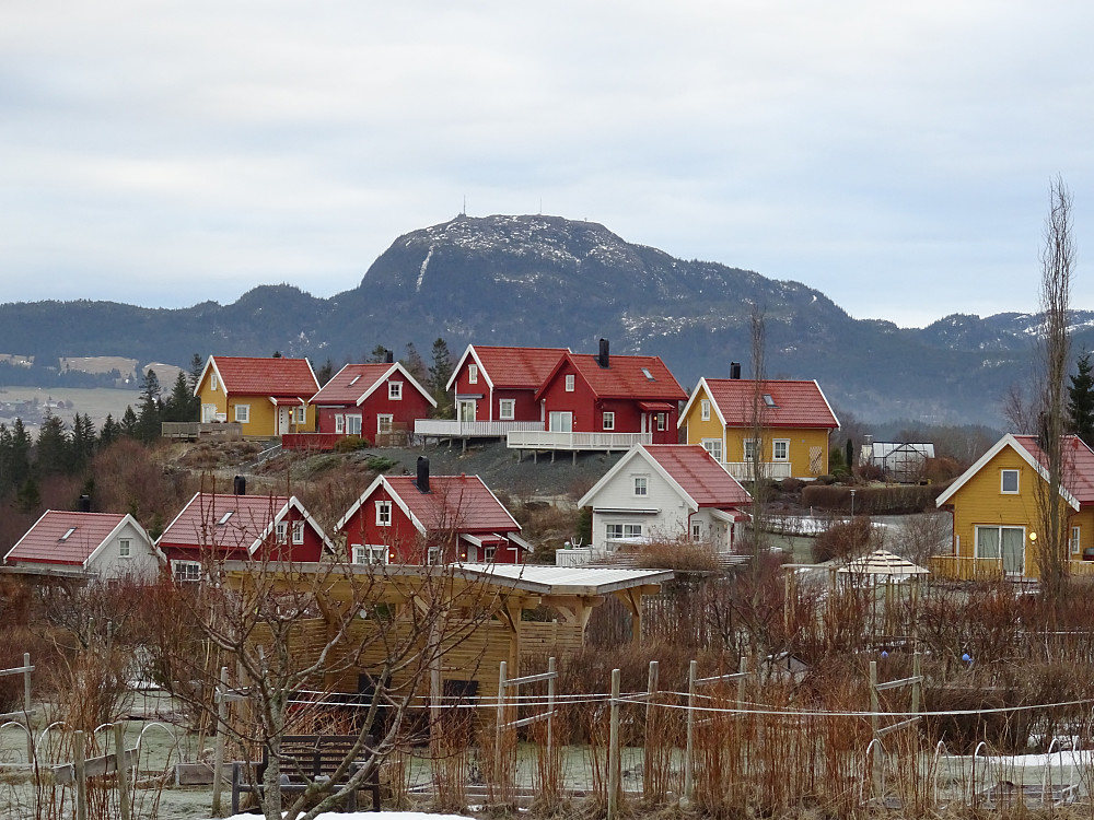 Idylliske små hus i kolonihagen med Forbordfjellet i bakgrunnen